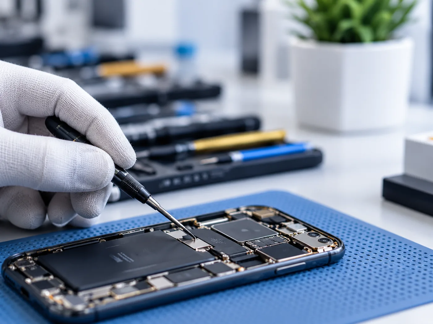 Monteur werkt met precisiegereedschap aan de binnenkant van een smartphone